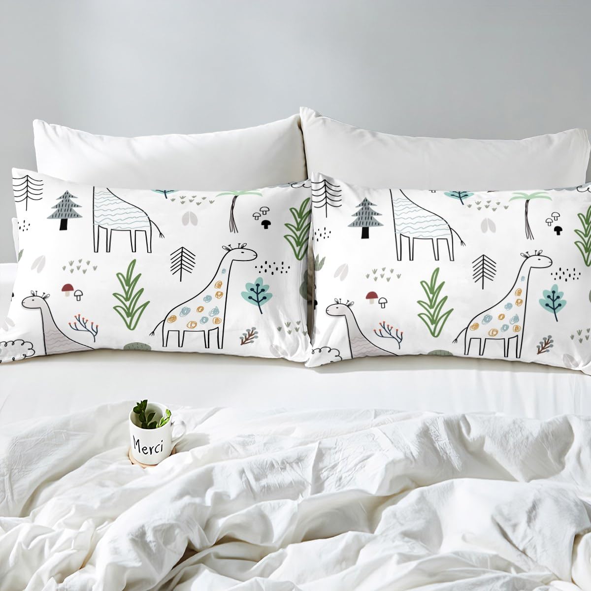 Cartoon Giraffe Bed Sheet Set Twin Size,Hand Painting Giraffes Leaves Sheet Set Kids Teens,Cartoon Wild Animals Bedding Decor Set with 1 Flat & 1 Fitted Sheet with 1 Pillow Sham
