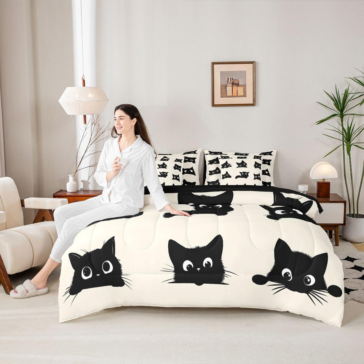 Erosebridal Cute Cat 7-Piece Bedding Set Full Size for Kids Boys Girls (Black and Beige) - Funny Black Cats Bed in a Bag Cartoon Kitten Animal Comforter Set with Sheets Cute Cat Duvet Insert