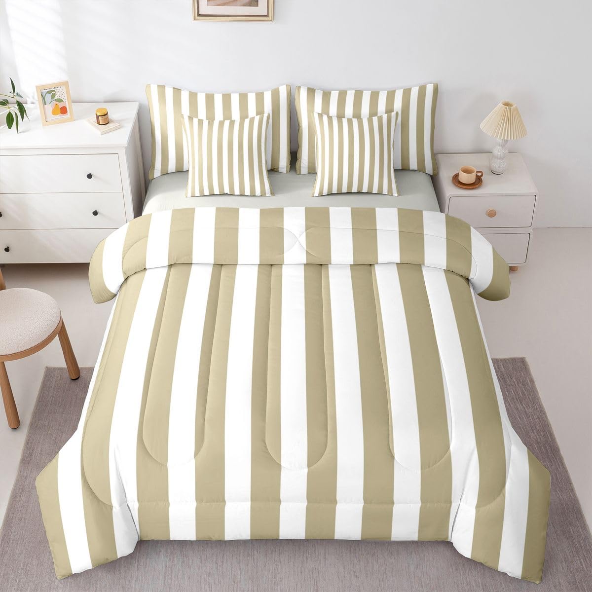Erosebridal Beige and White Striped King 7-Piece Comforter Set Khaki Modern Abstract Striped Bedding Set with Sheets for Kids Teens Adults - Pinstripe Geometric Bed in a Bag Modern Trendy Bed Sets