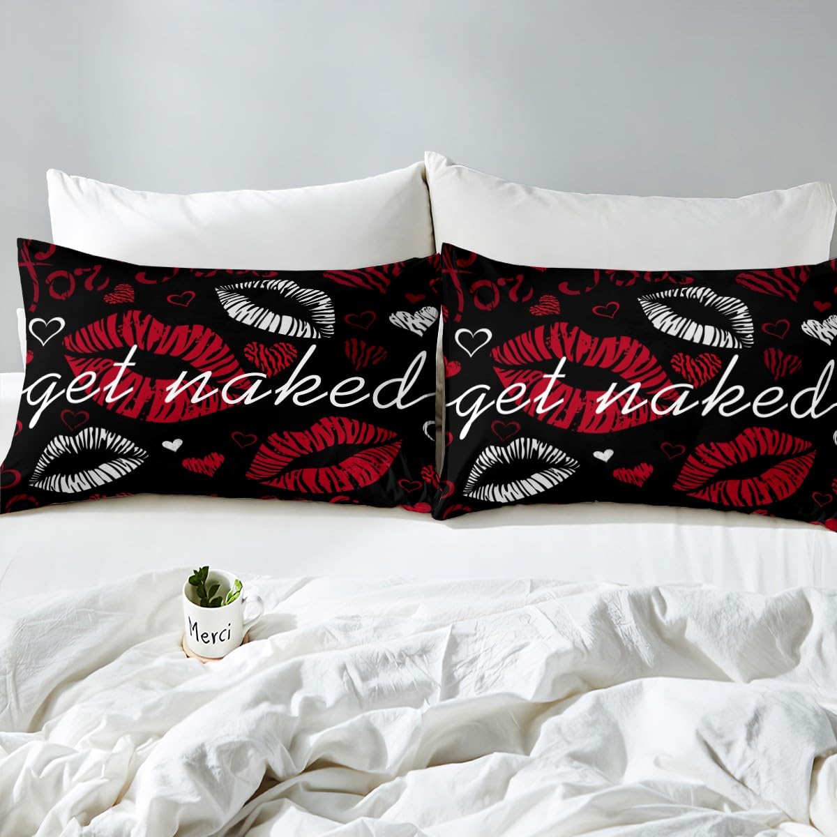 Sexy Lips Bedding Set Funny Get Naked Fitted Sheet & Pillow Sham Set for Couple Lover Kiss Bed Sheet Set White Red Woman Mouth Pattern Decor Bed Cover No Flat Sheet Room Decor Full Size 3Pcs