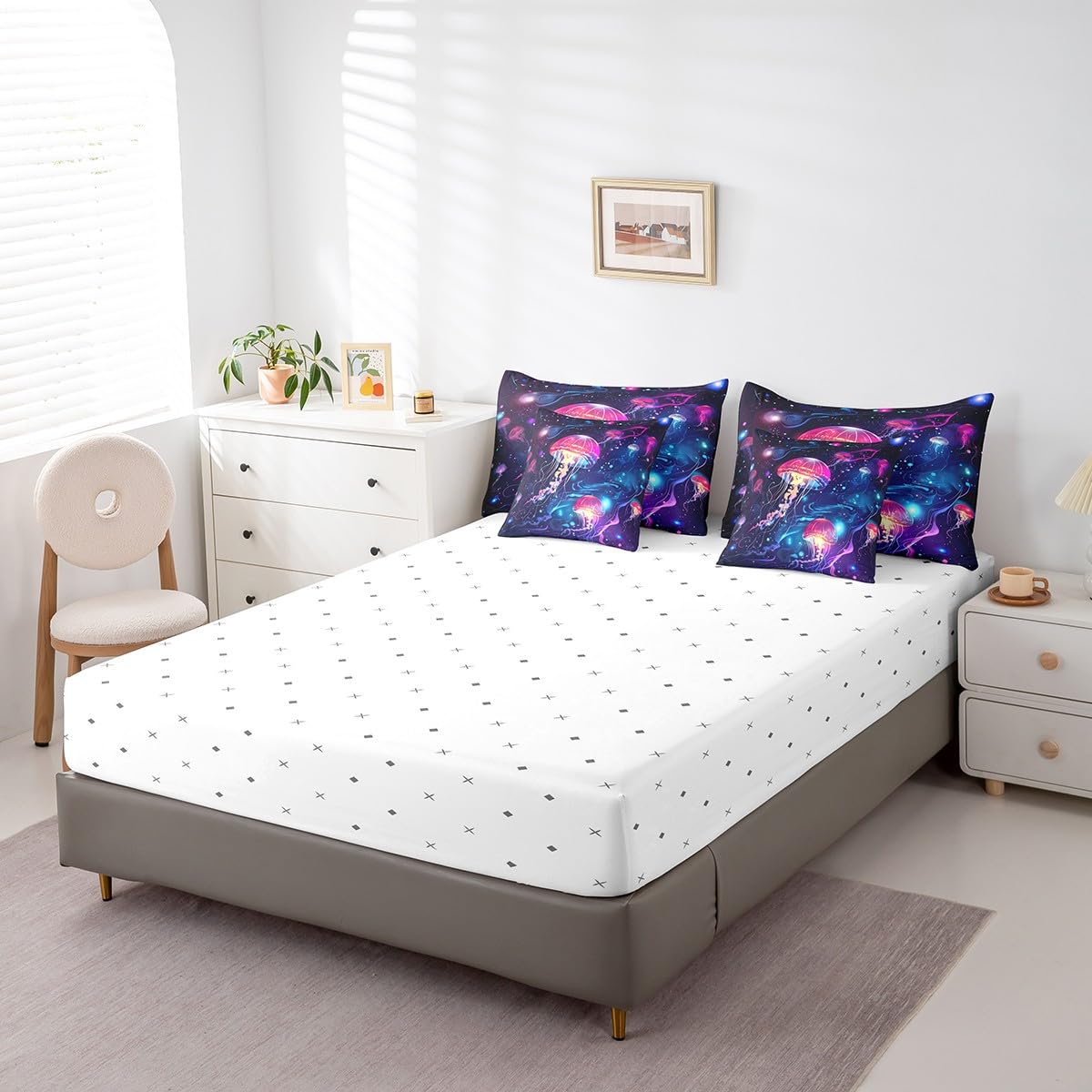jejeloiu Jellyfish Comforter Set 7 Pieces Full Size Kids Ocean Creature Themed Bed in a Bag for Boys Girls Sea Bedding Set Marine,Comforter + Sheets + Pillowcases + Cushion Covers