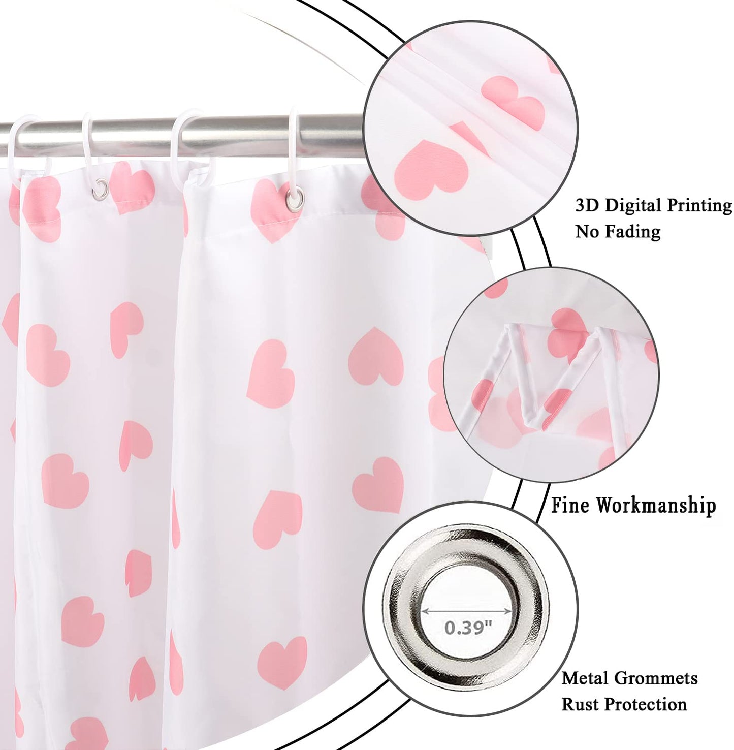 GCIREC Valentine's Day Shower Curtain, Weighted Bottom Romantic Love Theme Pink Little Heart Farmhouse Girly Fabric Bathroom Curtain Home Decor Waterproof Washable with 12 Hooks,72"x72"