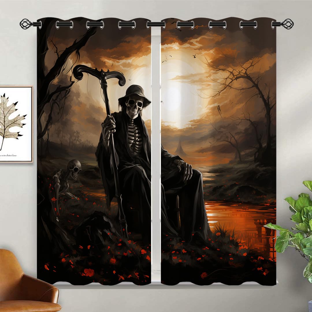Spooky Dead Skull Blackout Curtains for Girls Boy Home Decor, Horror Skeleton Halloween Graveyard Grommet Thermal Insulated Drapes Darkening Window Curtain for Bedroom Living Room, 42 x 45 Inch