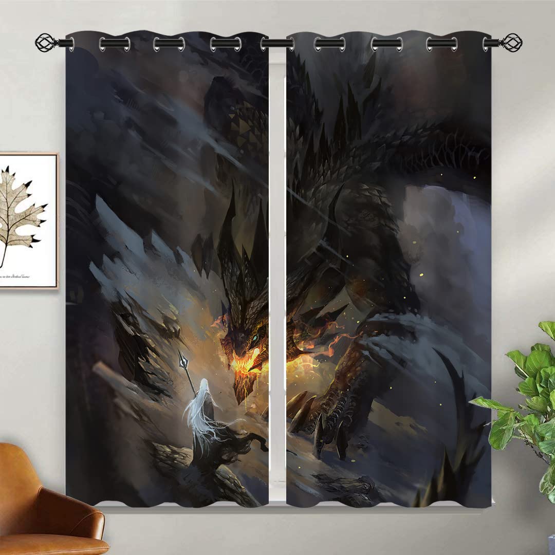 ONINUO Dragon Blackout Curtains for Girls Boy Home Decor, Magic Wizard Fantasy Mythical Black Grommet Thermal Insulated Drapes Darkening Window Curtain for Bedroom Living Room, 42 x 45 Inch