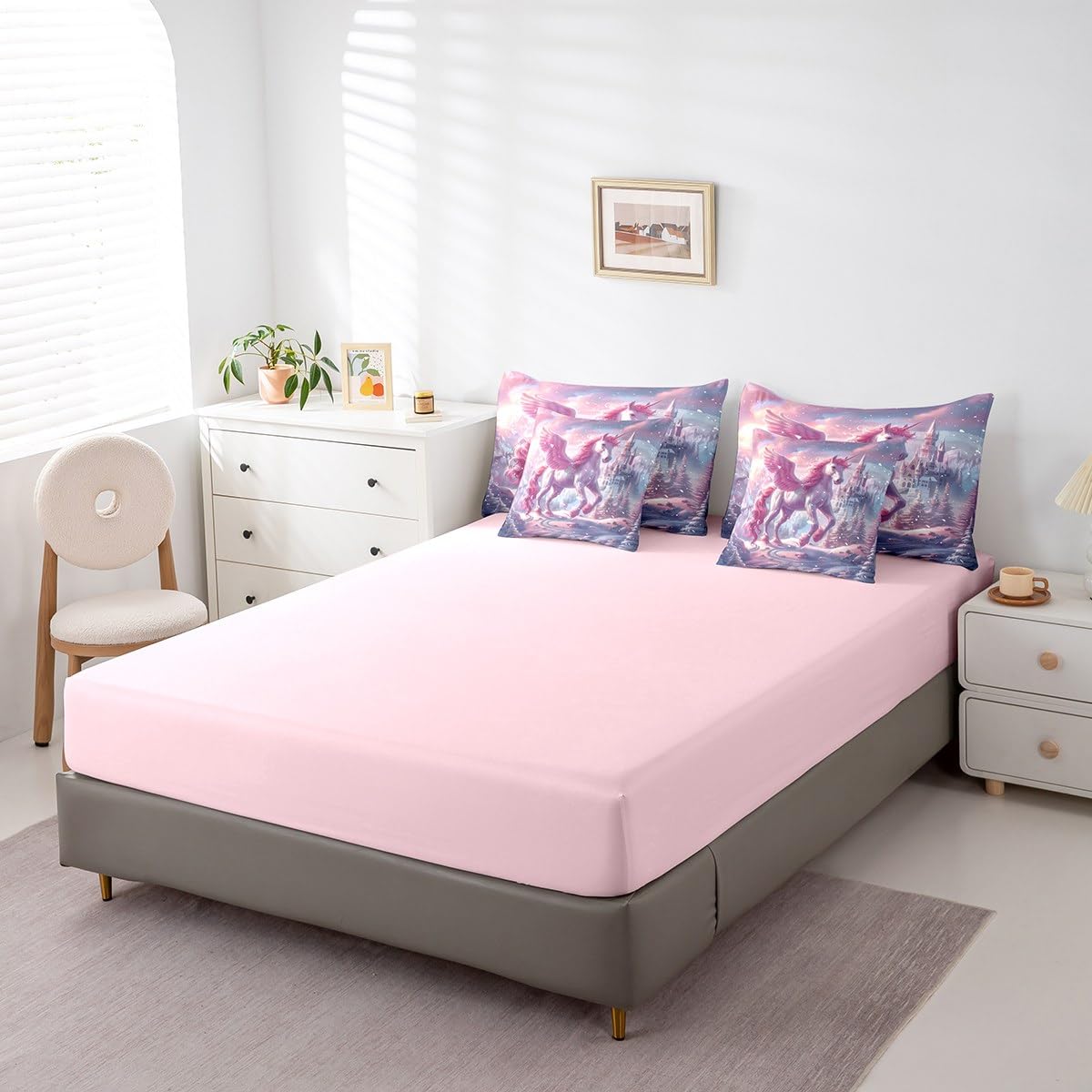 Erosebridal Pink Cartoon Unicorn Bedding Set 7Pcs,Dreamy Castle Comforter Set King for Kids Girls,Kawaii White Horse Quilt,Snow Mountain Tree Botanical Bed in a Bag