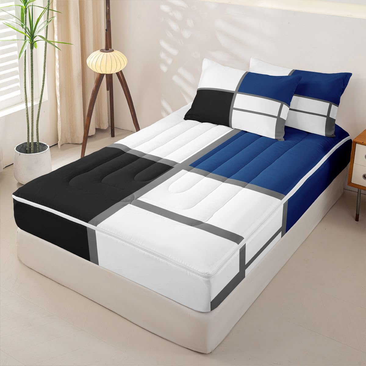 Erosebridal Geometric Abstract Zipper Bedding Set Twin Blue and White Striped Zipper Comforter Set with Sheets Square Grid Bed in a Bag Modern Art Patchwork Bed Sets with 2 Pillowcases