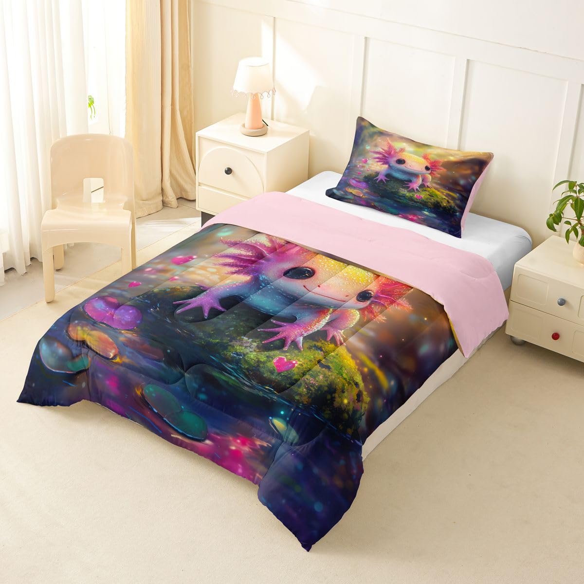 Manfei 3D Axolotl Kids Comforter Toddler Size,Cute Salamander Starry Sky Galaxy Quilt Set for Kids Boys Girls Bedroom Decor,Fantasy Art Style Bedding Set,Purple Green Duvet Insert,1 Pillowcase