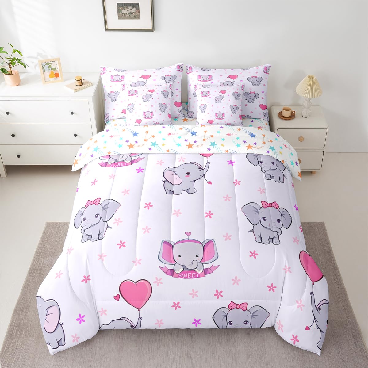 Erosebridal Girls Elephant 7 Piece Comforter Set Twin | Cute Elephant Cartoon Animals Bedding Set for Kids Nursery Bedroom Pink Heart Shaped Comforter with Sheets Kawaii Wildlife Floral Duvet Insert