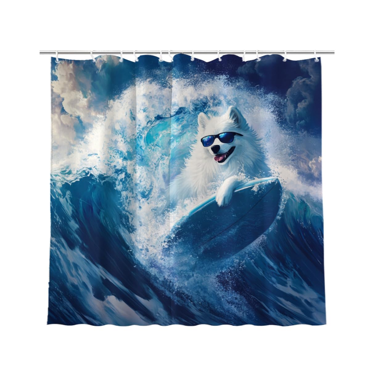 KEEPAEON Surfing Samoyed Shower Curtain, 72x72 Inch, Waterproof Polyester Fabric with 12 Hooks, Fun Beach-Themed Bathroom Decor Summer Shower Curtain