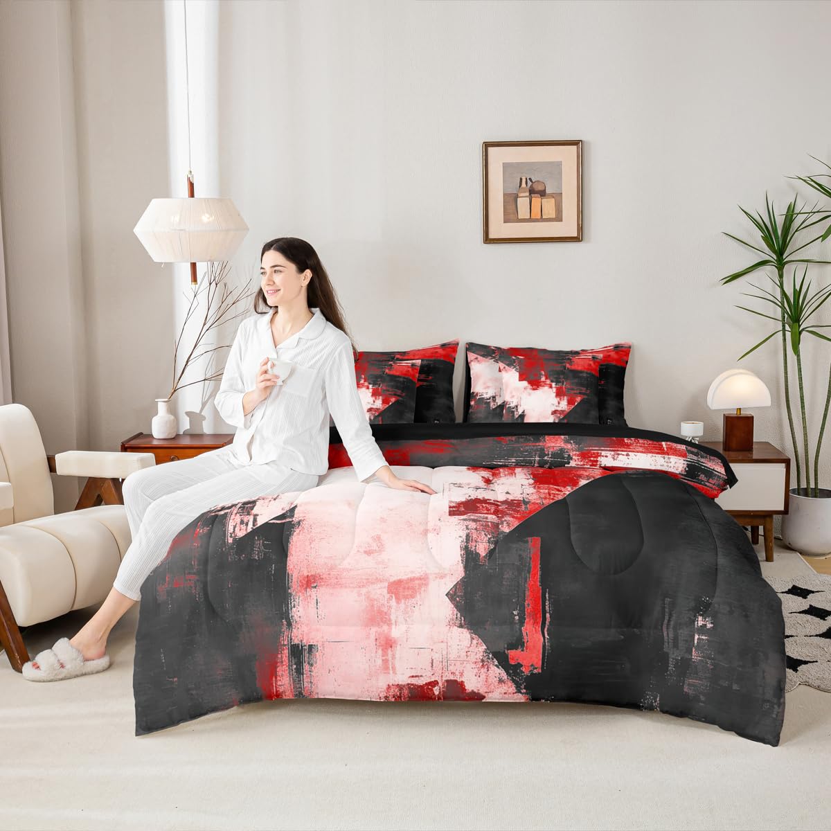 Feelyou Abstract King Comforter Set with Sheets for Kids Boys Girls Modern Abstract Art 7 Pieces Bedding Set Luxury Bed in a Bag Geometric Room Decor Red Balck Soft Lightweight Microfiber