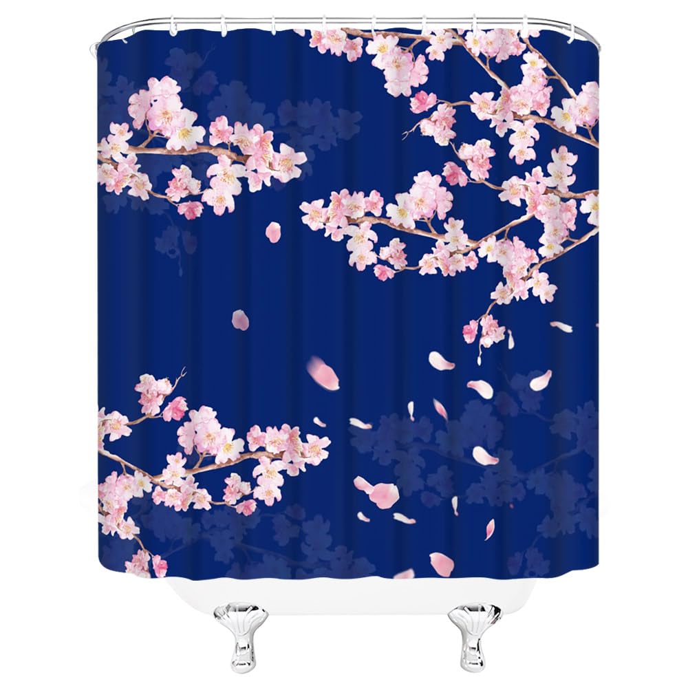 YSSFAV Cherry Blossom Shower Curtain Asian Japanese Chinese Plum Floral Aesthetic Navy Blue Bathroom Decor Curtains Set with Hooks, 70" W x 70" H