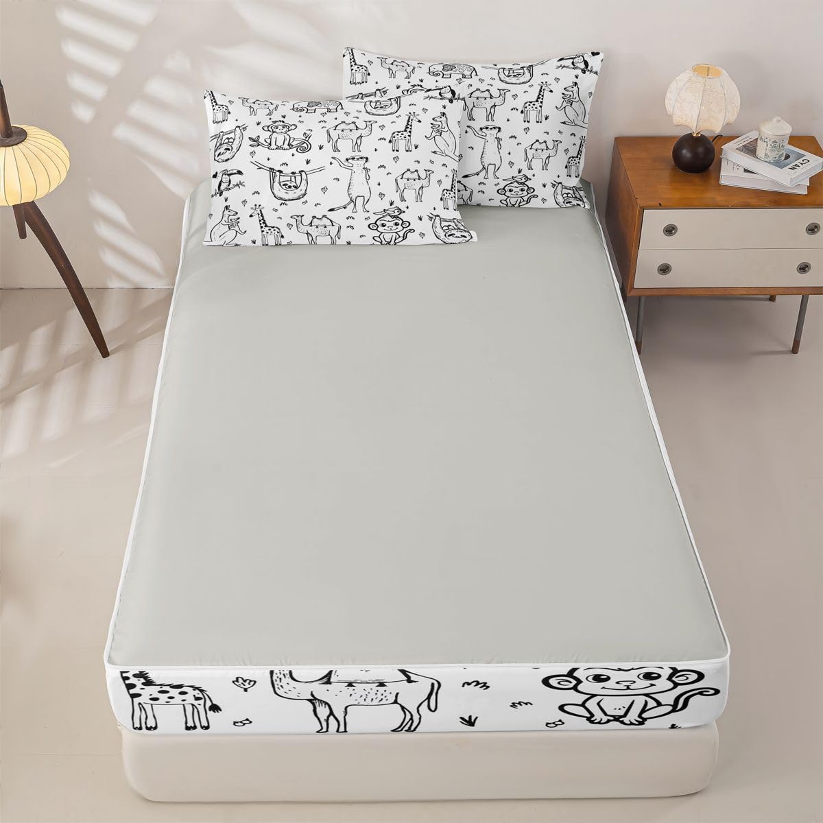 Erosebridal Cartoon Animals Zippered Bedding Set Twin Sketch Style Sloth Monkey Wildlife Comforter Set Cute Zoo Animals Bed in a Bag Giraffe Wildlife Zipper Quilt Fitted Sheet,2 Pillowcases