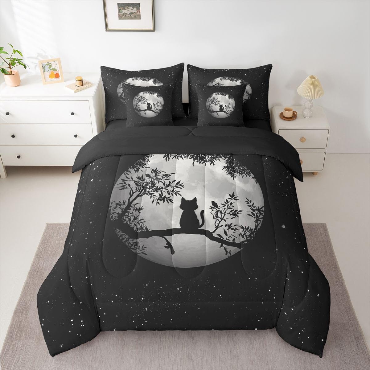 Erosebridal Moon Cat 7-Piece Bedding Set Full Size for Kids Teens Adults | Gothic Black Cat Bed in a Bag Black White Stars Starry Sky Comforter Set with Sheets Leaves Botanical Branches Duvet Insert