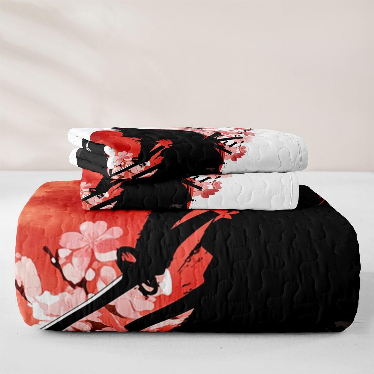 Erosebridal Samurai Quilts Twin Size - Red Sun Japanese Bedspread Coverlet Set, Japan Warrior Quilt Coverlets 2Pcs (Only 1 Pillowcase)