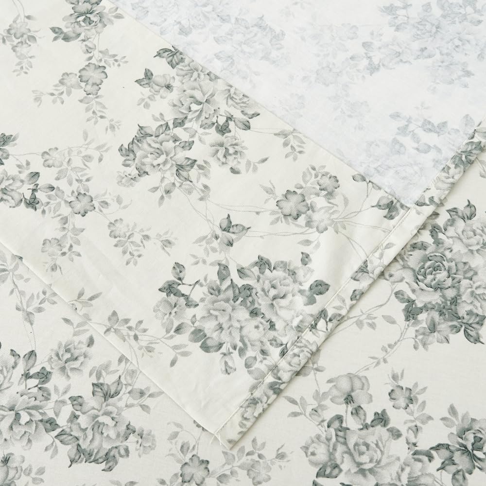 DAUAOTO 100% Cotton Bedding Printed Sheets Set for Full Size Bed Up to 14" Deep Mattress, Toile Rose Floral Pattern Bedlinen Sets, Gray