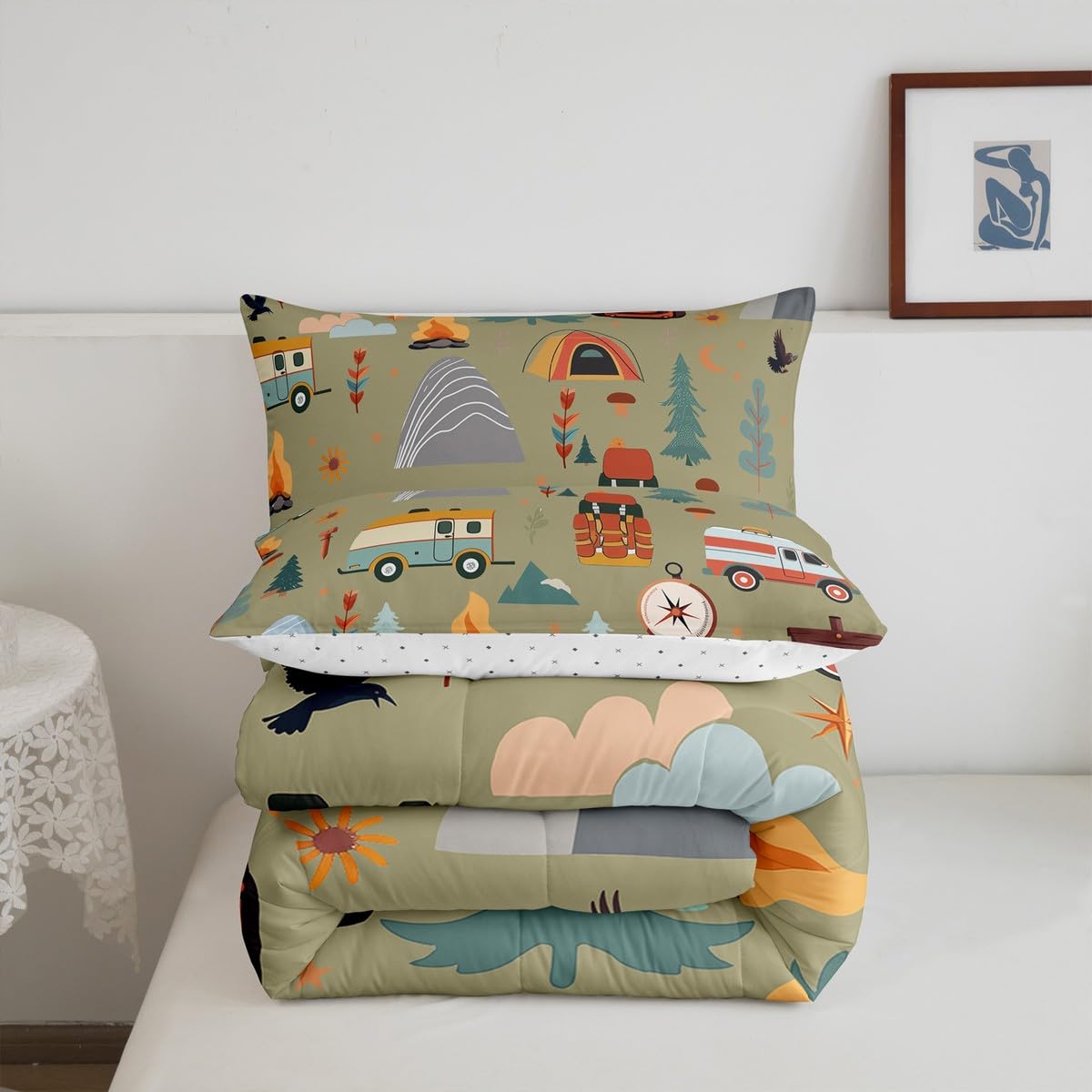 Feelyou Happy Camping Comforter Set for Kids Boys Girls Full Size Outdoor Themed Bedding Set Soft Travel Bag Tent Print Duvet Quilt Travel Trailers Comforter Camping Gifts Duvet Quilt