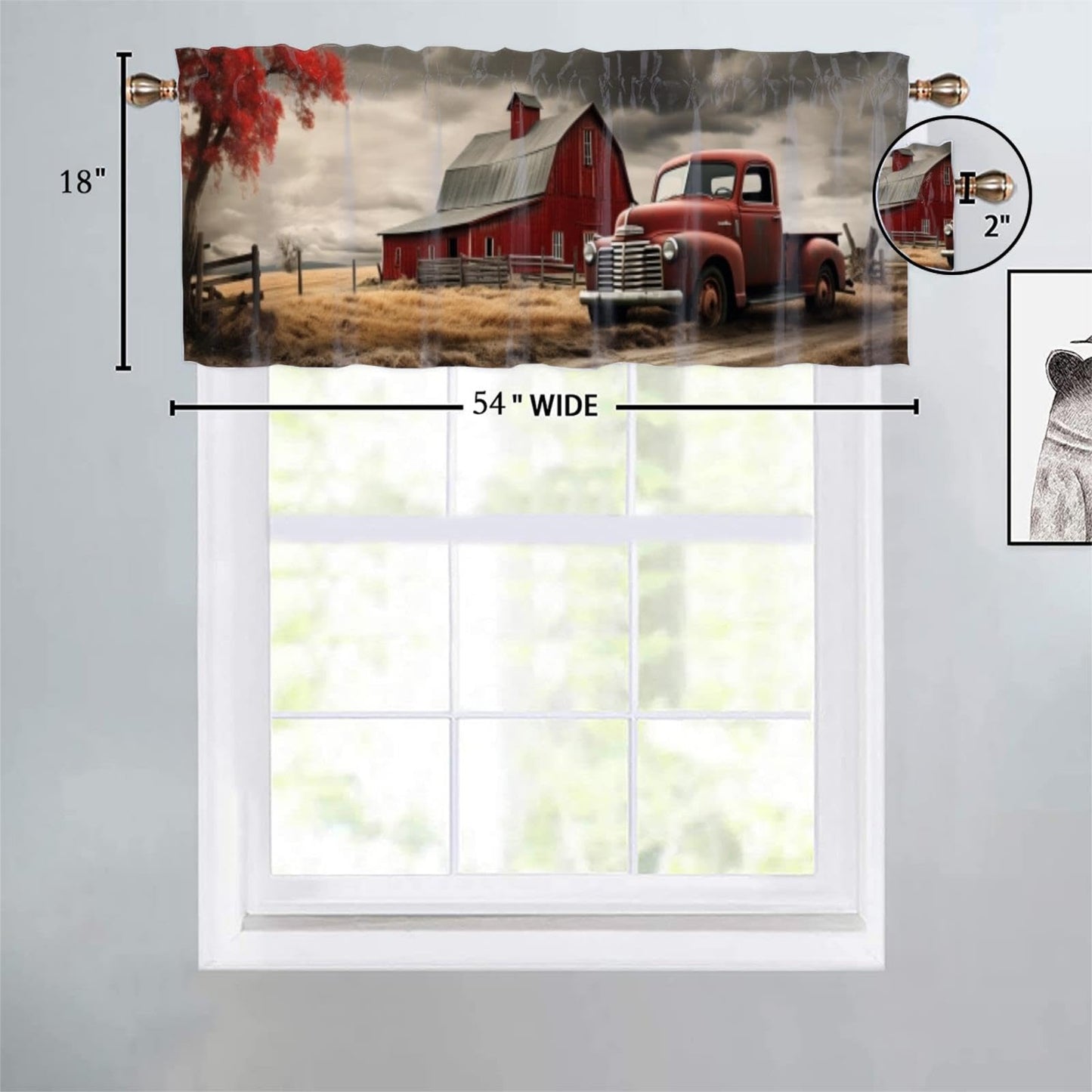 Dabuniu Vintage Red Truck Blackout Valance Curtain for Kitchen Farmhouse Old Barn Rustic Country Farm Truck Rod Pocket Valances for Bedroom Living Room Dining Room 54 by 18 in, 1 Panel