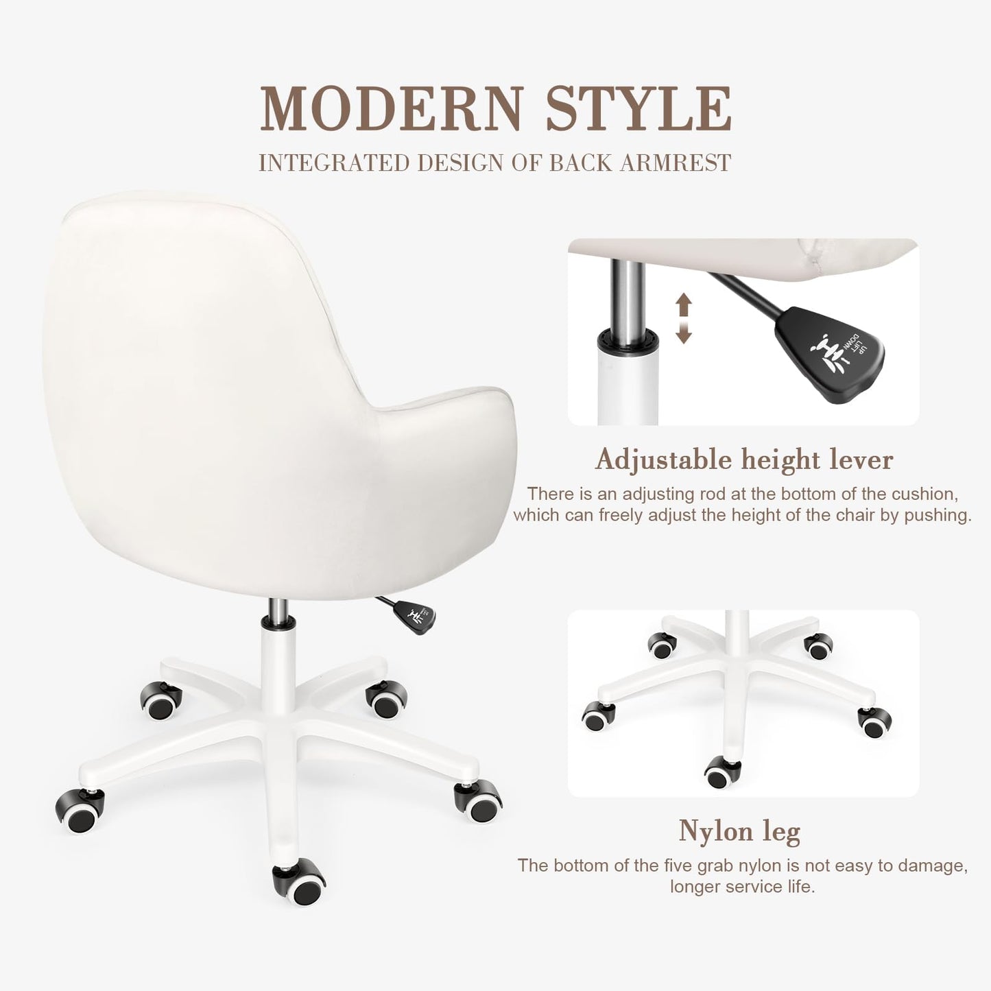 HDHNBA Mid Back Velvet Vanity Chair Swivel Rolling Desk Chair with Wheels, Modern Upholstered Makeup Chair for Women Girls, Computer Task Chair for Bedroom Living Room Office, White