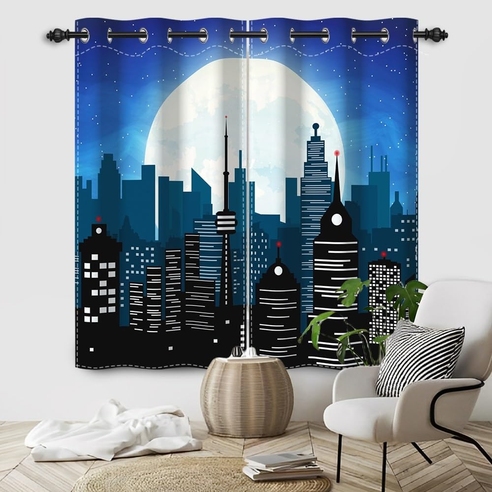 TTQYFNM Cartoon Super City Blackout Curtains Urban Night Moon Skyline City Buildings Window Drapes Superhero Cityscape Window Curtain Treatments for Kids Bedroom Living Room 2 Panel Set,42x63inch