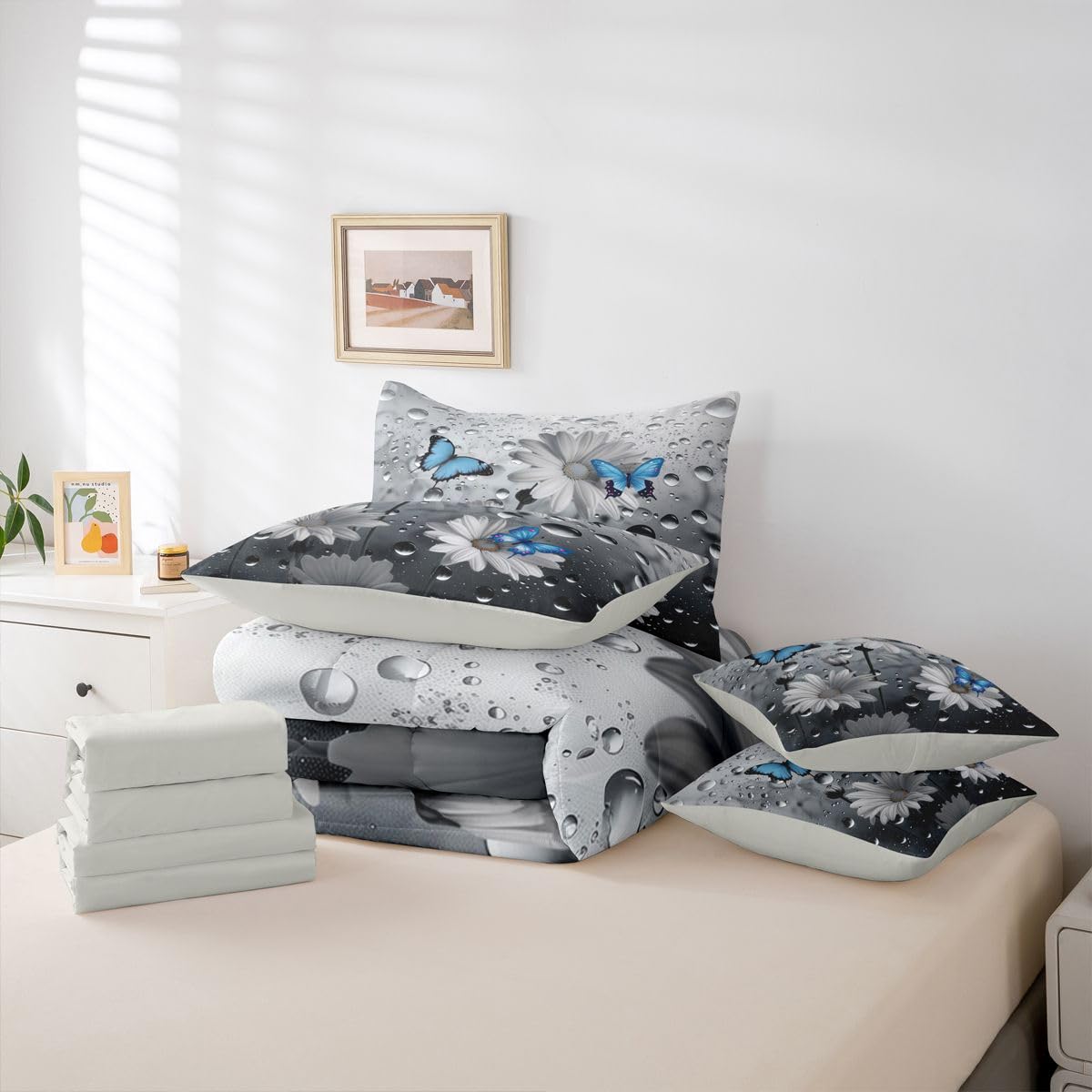 Erosebridal Water Droplets 7 Piece Bedding Set Queen Butterfly Comforter Set with Sheets Daisy Fog Dreamy Blue Butterflies Bed in a Bag Bud Retro 3D Flower Pattern for Kids Boys Girls