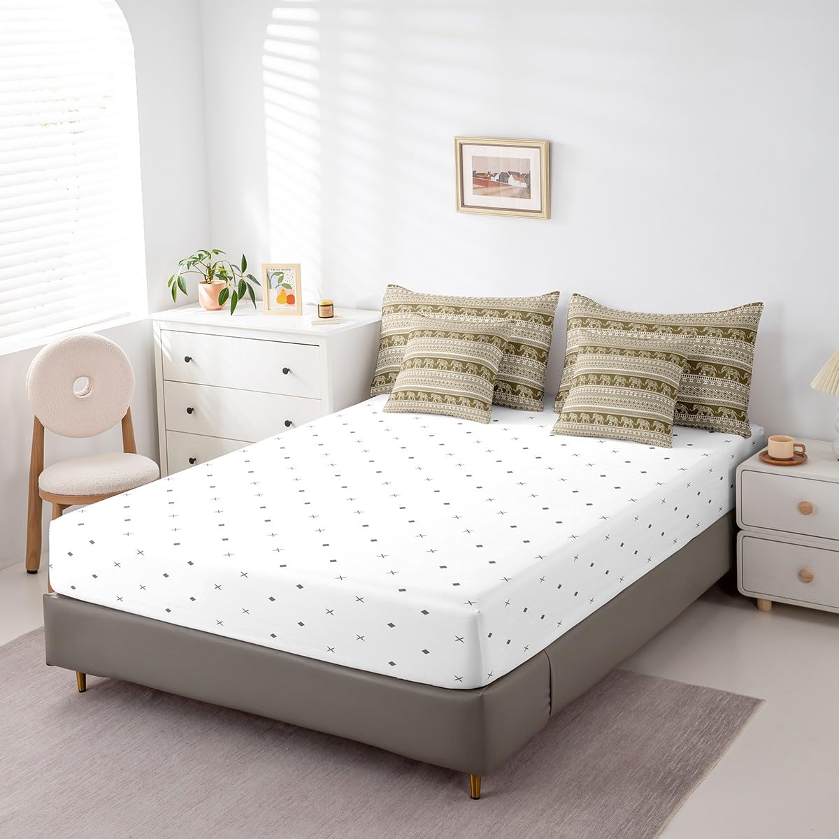 Feelyou Bohemian Elephant 7 Piece Bedding Set Full Size for Kids Boys Girls Teens Toddler Boho Exotic Style Comforter Set with Sheets Brown White Stripe Bed in a Bag Ethnic Elephant Print Bed Set