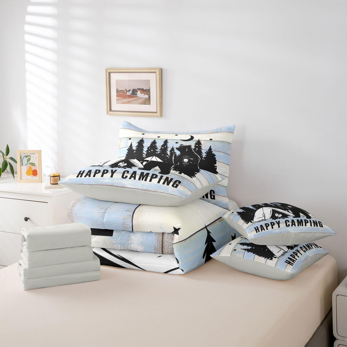 Erosebridal Happy Camping 7 Pieces Bedding Set Twin,Camping Lover Bed in a Bag,Cabin Funny Bear Bed Set Includes Comforter,Sheet Set,Pillowcases & Pillow Covers,Blue Beige Wooden Plank Bedroom Decor