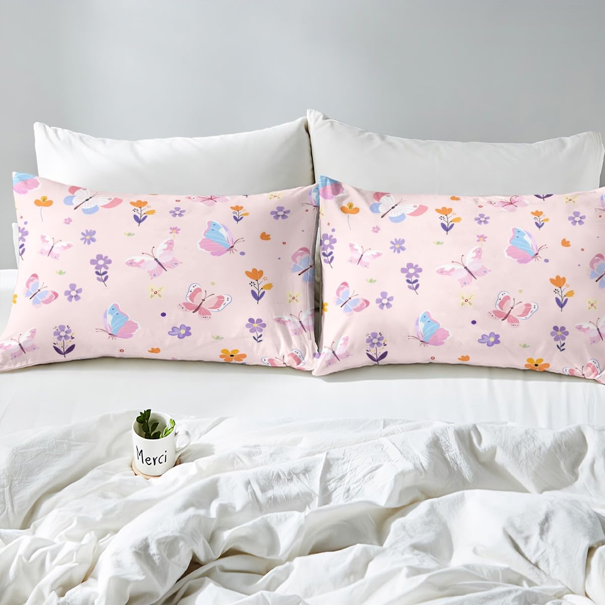 Erosebridal Cute Pink Floral Twin Fitted Sheet,Butterfly Kawaii Bedding Set for Girls Kids,Flower Garden Bed Set,Coquette Girly Flowers Bed Sheets 2Pcs Bedroom Decor (No Flat Sheet)