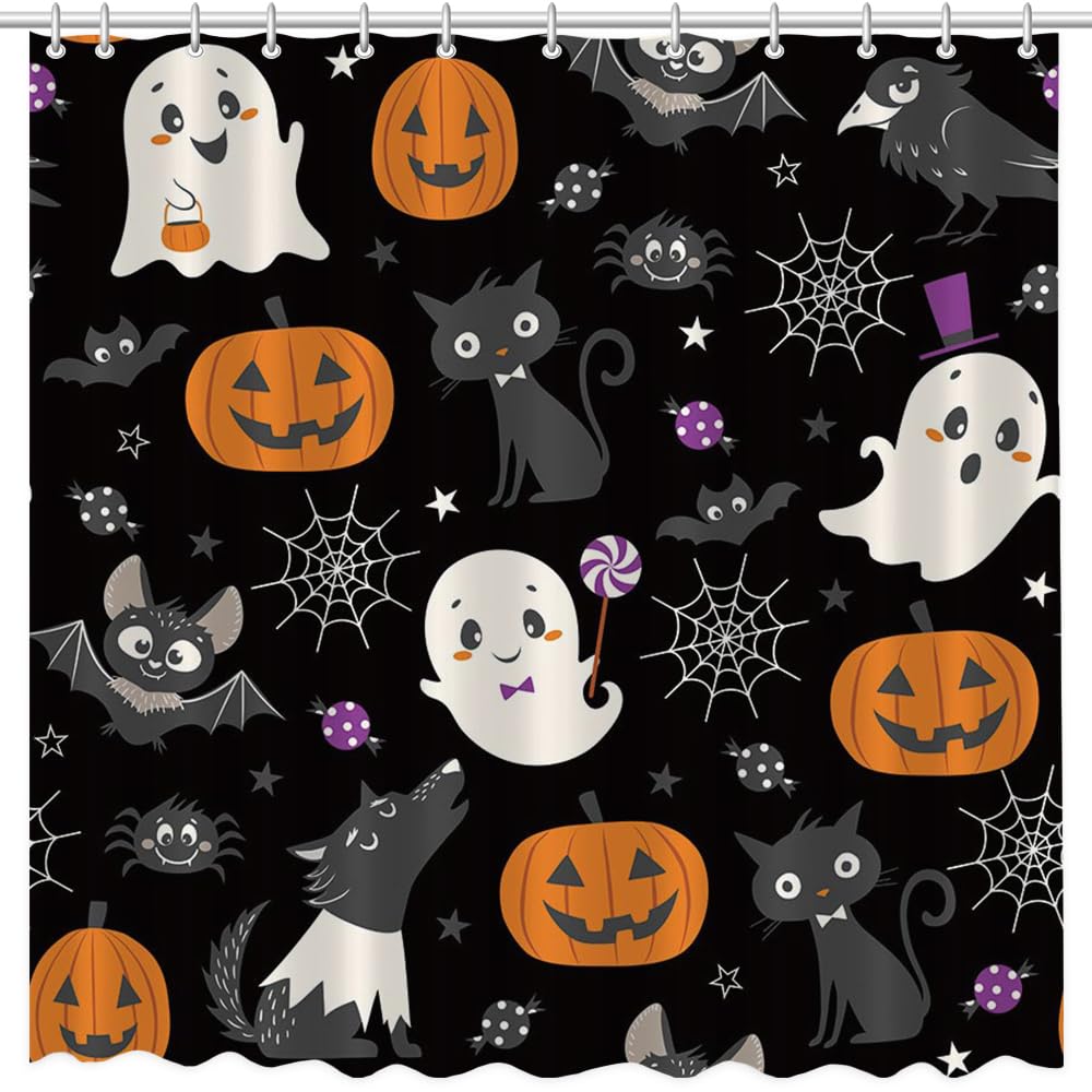 MEHOFOND Halloween Boo Shower Curtain Halloween Bathroom Curtain Skull Bat Spider Bathtubs Decor Washable Durable Polyester Fabric Bathroom Curtains 72x72 in