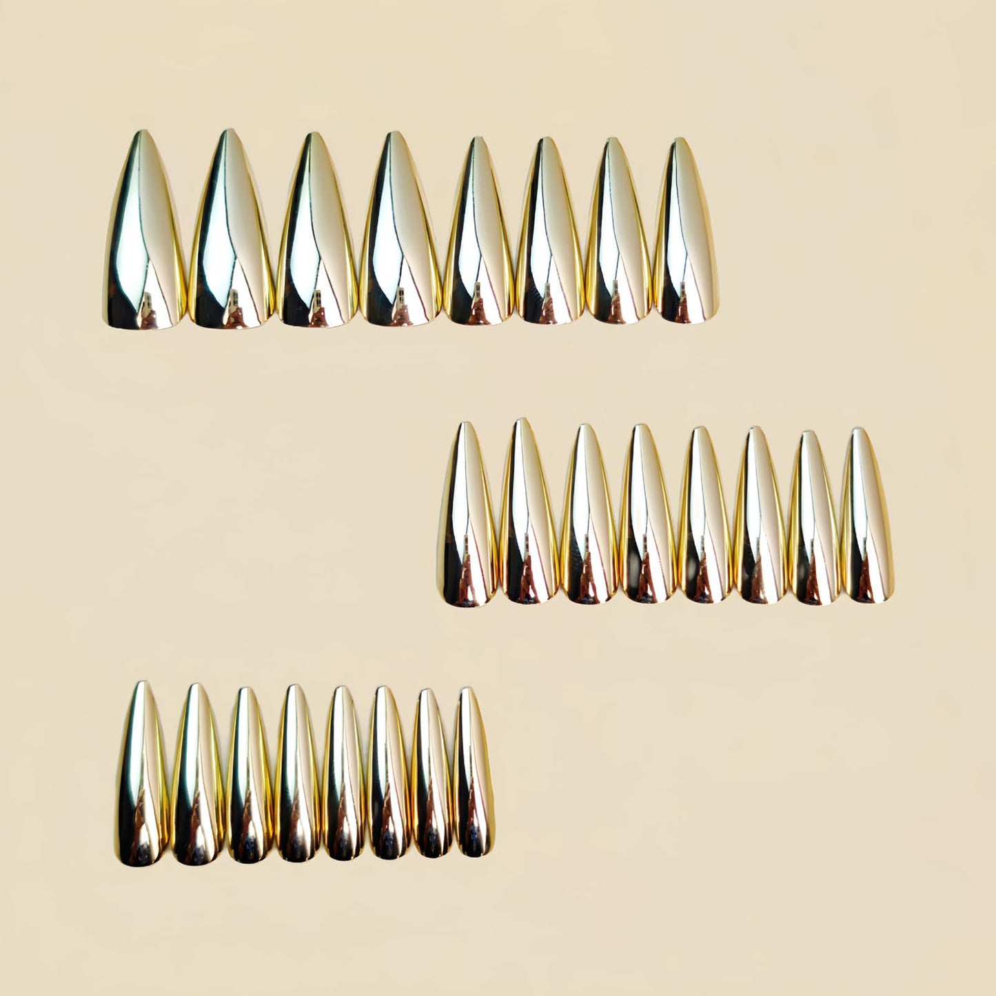 SINHOT Stiletto Press on Nails Long - Long Fake Nails, Glossy Finish, Gold Metallic & Chrome, DIY Artificial False Nail Art - 24 Pcs Nail Kit with Glue