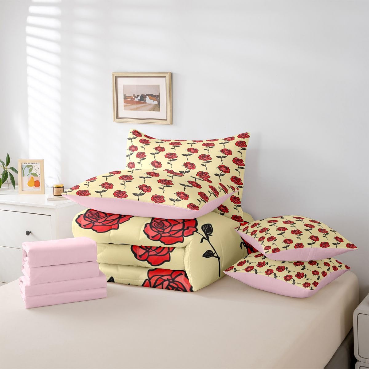 Erosebridal Flower 7 Piece Bedding Set Twin Rose Comforter Set with Sheets Simple Line Drawing Florals Romantic for Kids Boys Girls Red Roses Farmhouse Botanical Bed in a Bag