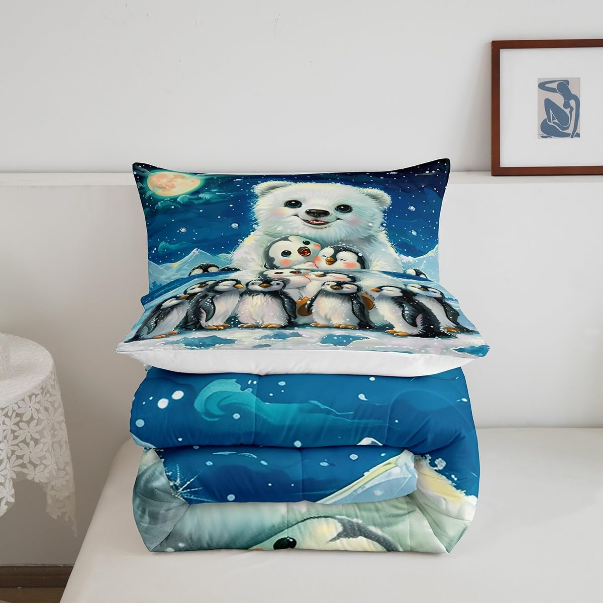 Polar Bear Penguin Comforter Set Queen Size,Galaxy Cartoon Wildlife Bedding Set,Kids Boys Girls Room Decor,Cute White Bear Quilt Set Winter Snowy Wild Animals Theme Blue Duvet Insert,2 Pillowcases