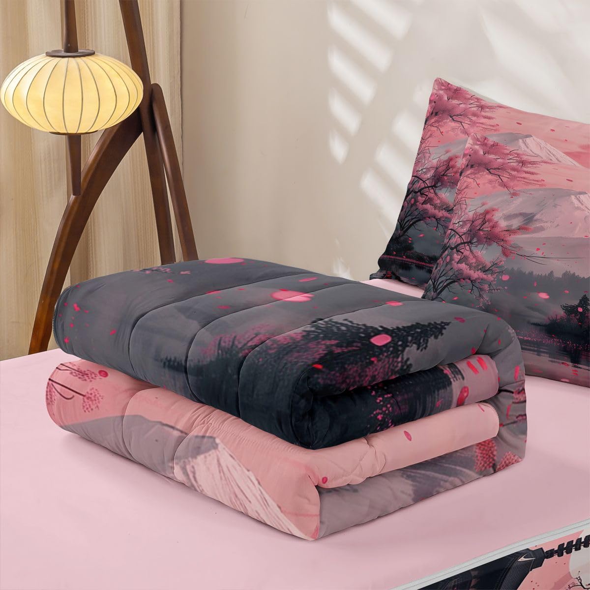 Erosebridal Pink Japanese Kids Comforter Set Twin Cherry Blossom Zipper Bedding Sets for Boys Girls Teen Mount Fuji Sunset 3 Pcs Bed in a Bag Set Vintage Japanese Art Zip Up Bedding