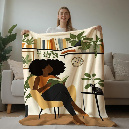 HUNXIAOJ African American Gifts for Women Black Girl Blanket Boho Print Blanket African American Decor Warm Soft Flannel for Girls Woman Teens Adults Bed Sofa Couch (50 in x 60 in)