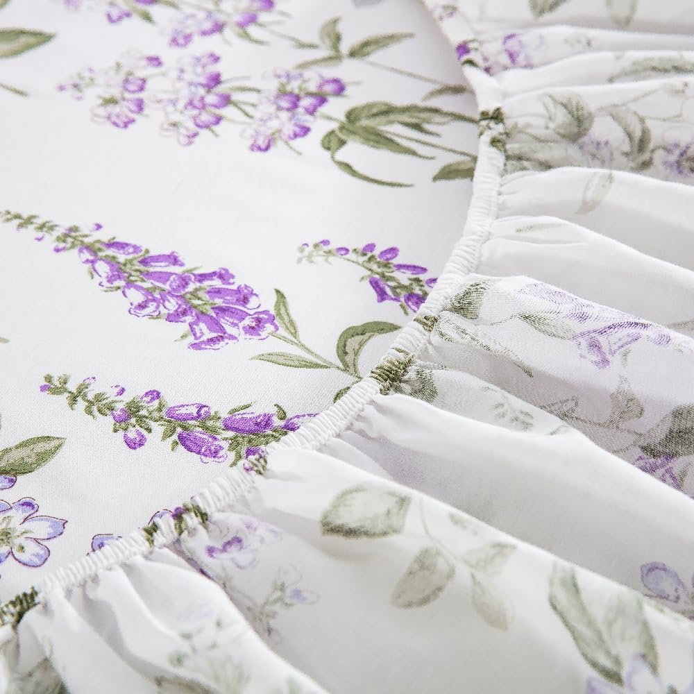 DAUAOTO King Size Cotton Bedding Printed Sheets Set, Up to 14" Deep Mattress, Velvet Purple Floral Pattern Bedlinen Sets, Provence Lavender