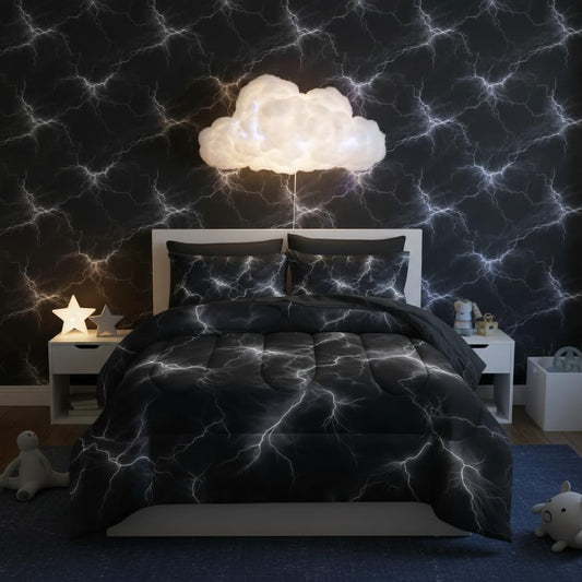 QOOMO White Lightning 7 Pieces Comforter Set Queen Size,Lightning Bedding Set for Kids-Include 1 Comforter,1 Fitted Sheet,1 Flat Sheet,2 Printing Pillowcases and 2 Black Pillowcases