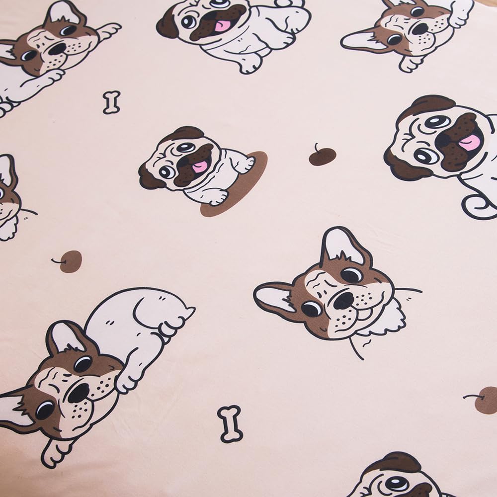 KWLOVER 2PC Soft Bed Fitted Sheet and Pillowcases Set,Cute Doggy Bulldog Puppy Pattern Printed Bed Sheets for Kids Boys Girls Full Size Bed (Light Brown, Full)