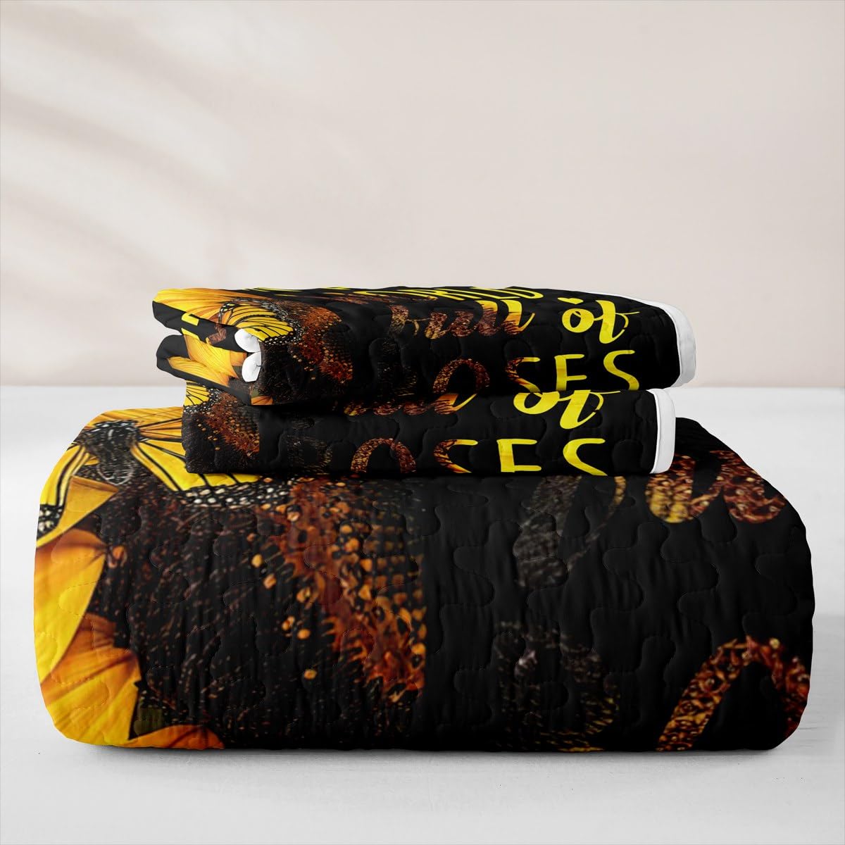 Erosebridal Sunflower Butterfly Quilt Full Yellow Floral Quilt Set Boho Chic Quilted Bedspread Spring Romantic Garden Style Bedding Coverlet with 2 Pillowcases
