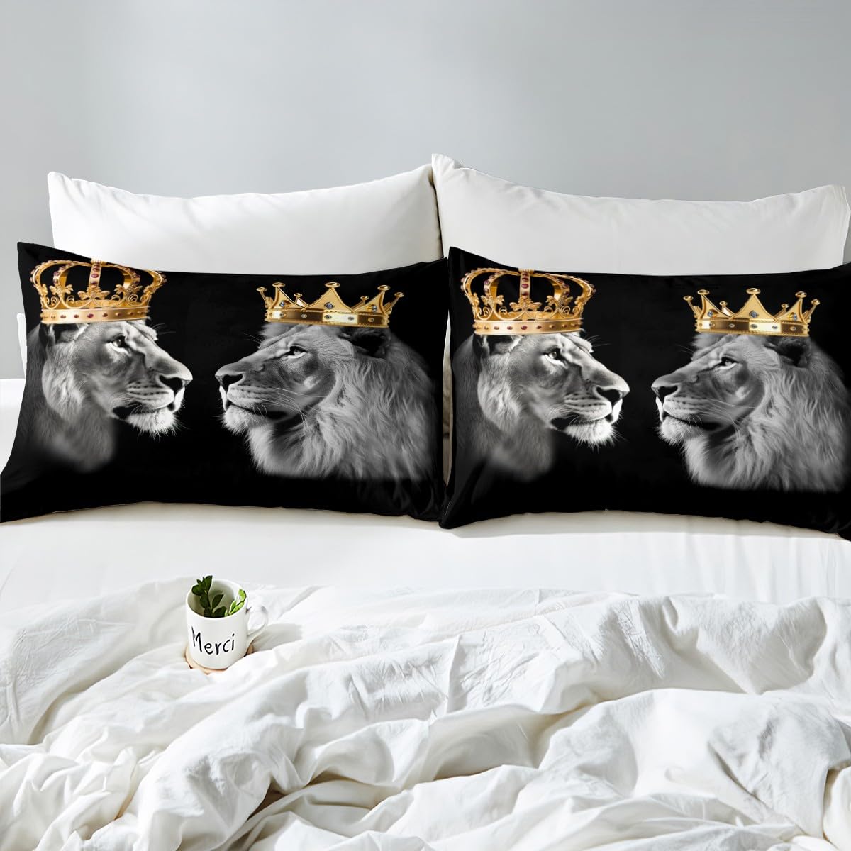 Wild Lion Couple Bed Sheet Set Twin Size,Gold King and Queen Crown,Bedding Decor Set with 1 Flat & 1 Fitted SheetTropical African Animal with 1 Pillow Sham for Kids Boys Bedroom Decor