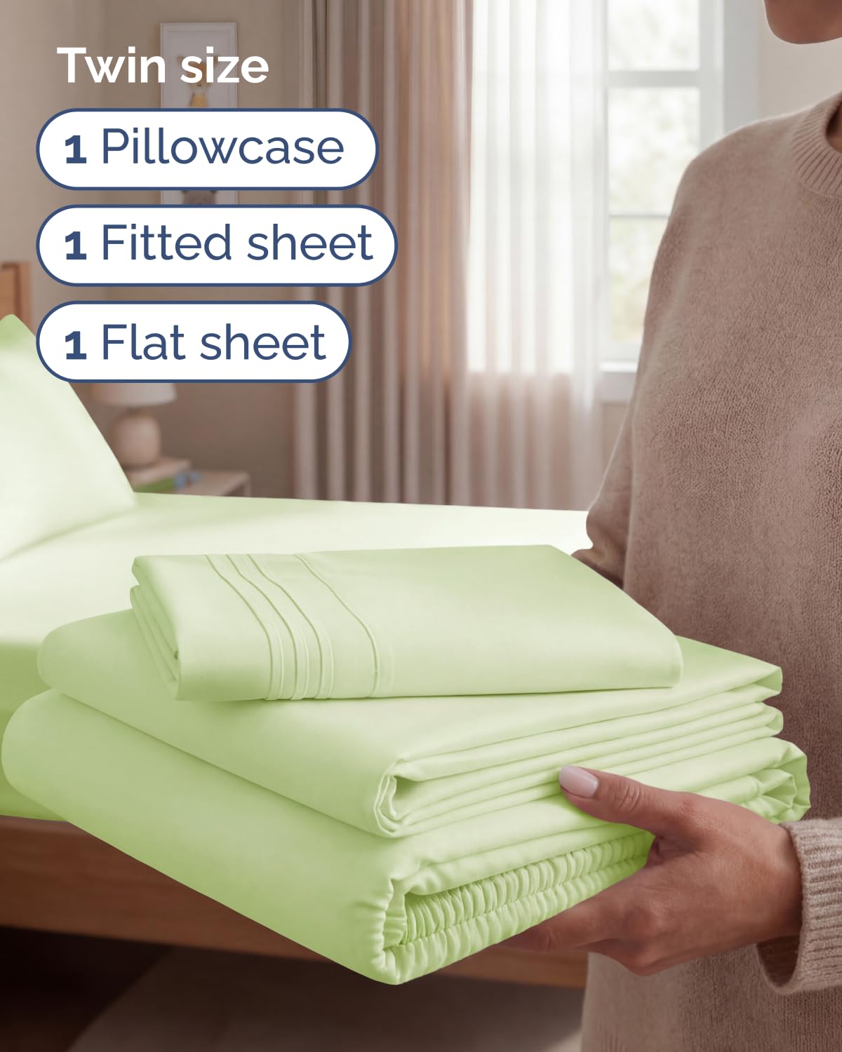 Twin Size 3 Piece Sheet Set - Comfy Breathable & Cooling Sheets - Hotel Luxury Bed Sheets for Women & Men - Deep Pockets, Easy-Fit, Soft & Wrinkle Free Sheets - Light Sage Green Oeko-Tex Bed Sheet Set