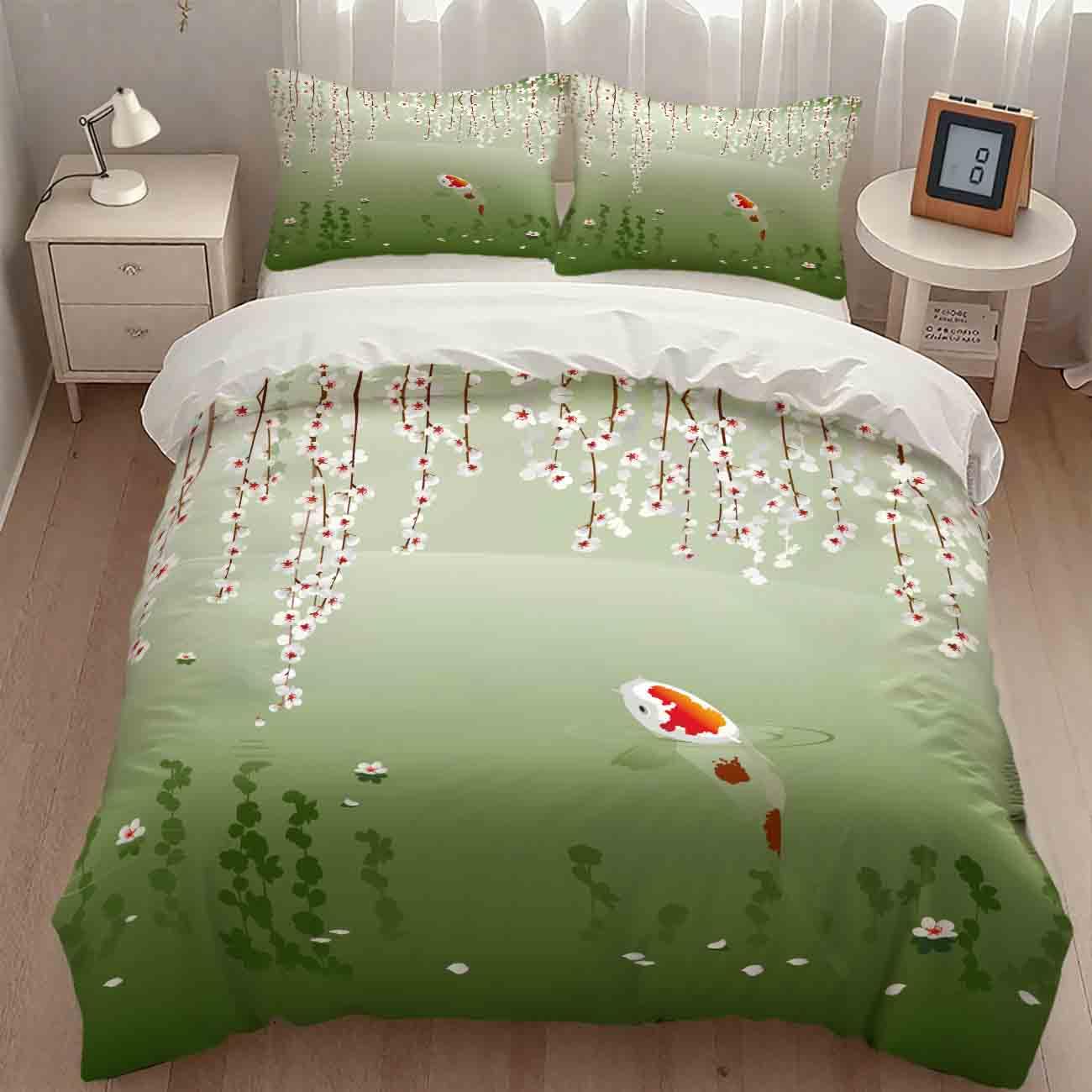 Japanese Koi Fish Bedding Set,Asian Style Traditional Japanese Koi Carp Fish Spring Cherry Blossoms Printed Retro Landscape Green Comforter Set with Pillowcase for Bedroom Bed Decor,Twin 86"x70"