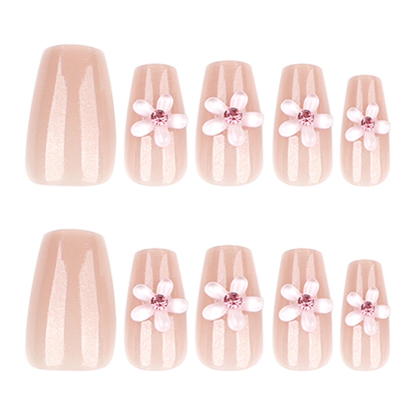 MERVF Coffin Press on Nails Medium Fake Nails Flower 3D Rhinestones Glue ons Nail Nude Glitter Acrylic Ballerina Manicure Glossy 24pcs