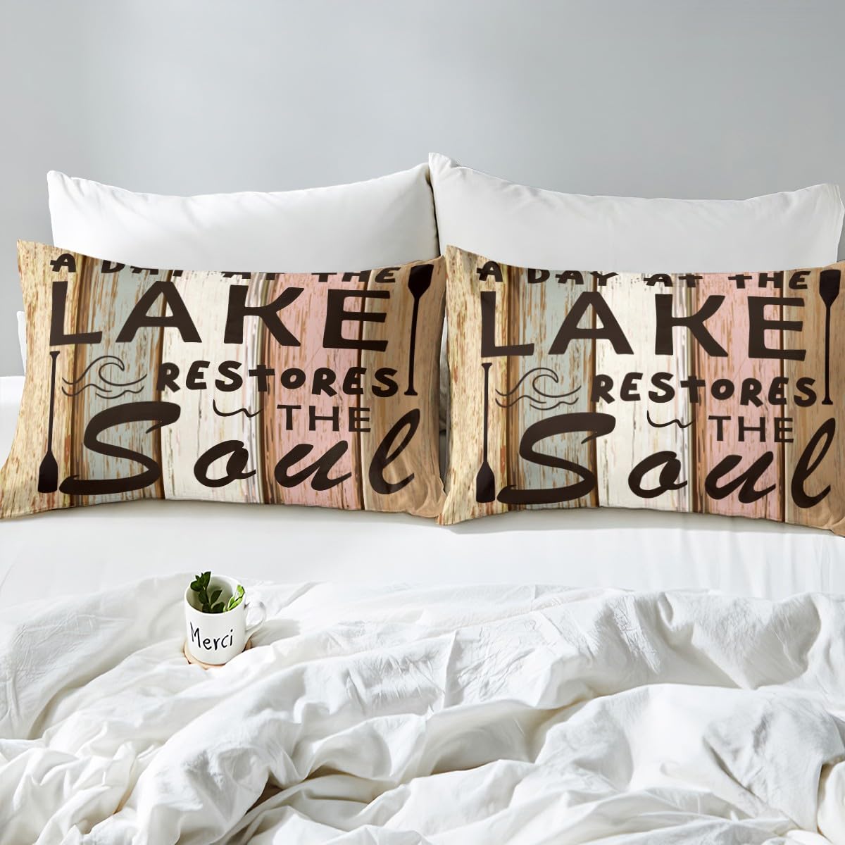 Lake Theme Kids Fitted Sheet Twin Size,Outdoor Adventure Camping Lake House Fishing Bedding Set,Boys Girls Room Decor,Retro Woode Plank Rustic Bed Cover,Brown Bed Sheet,1 Pillowcase(No Top Sheet)
