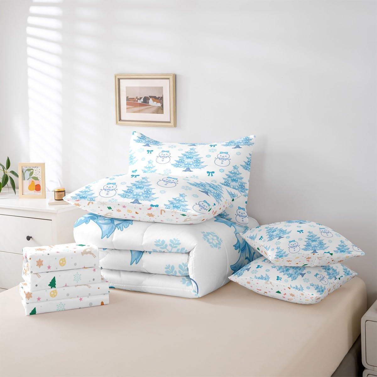 Feelyou Merry Christmas Twin Comforter Set with Sheets for Kids Boys Girls Cute Snowman 7 Pieces Bedding Set Cartoon Bowknot Bed in a Bag Christmas Tree Room Decor Soft