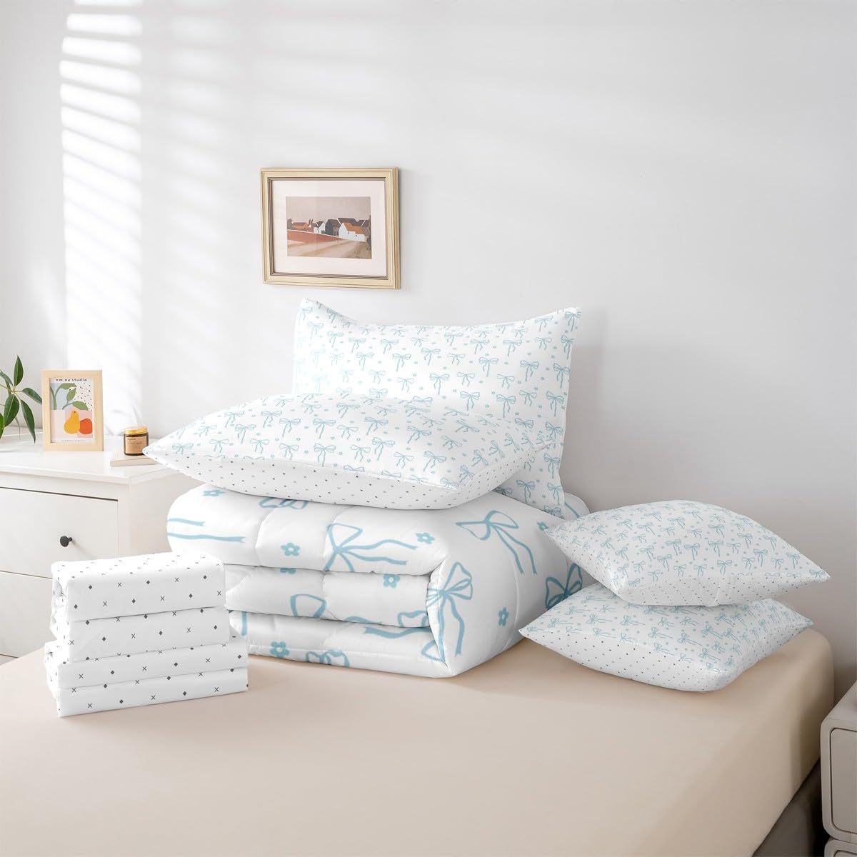 Castle Fairy Blue Bow Comforter Sets - 7 Pieces Full Size,Bow Print All Season Reversible Bed in a Bag Flower Floral Bedding Set Princess Flat Sheet,Fitted Sheet,Pillowcases
