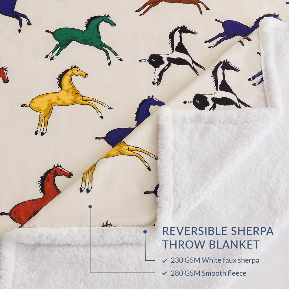Paseo Road Indigo Hill by HiEnd Accents Wild Horse 3 Piece Sherpa Throw Blanket Set, Colorful Horses Animal Print Fleece Throw Set, Western Rustic Style, 1 Throw and 2 Pillows