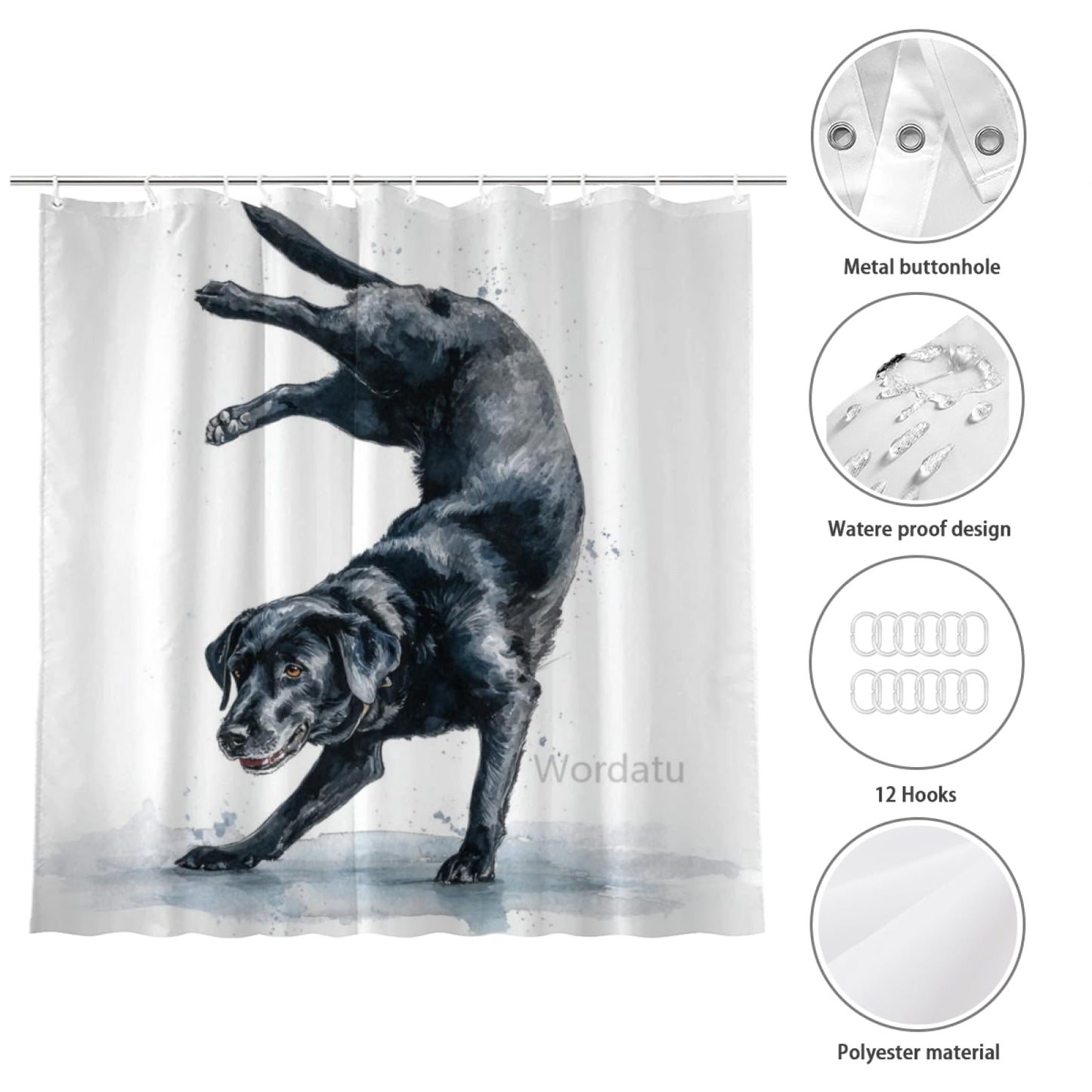 Wordatu Cute Black Labrador Dog Happy Shower Curtain Bathroom Fabric Waterproof Polyester 12 Hooks 72x72 Inches