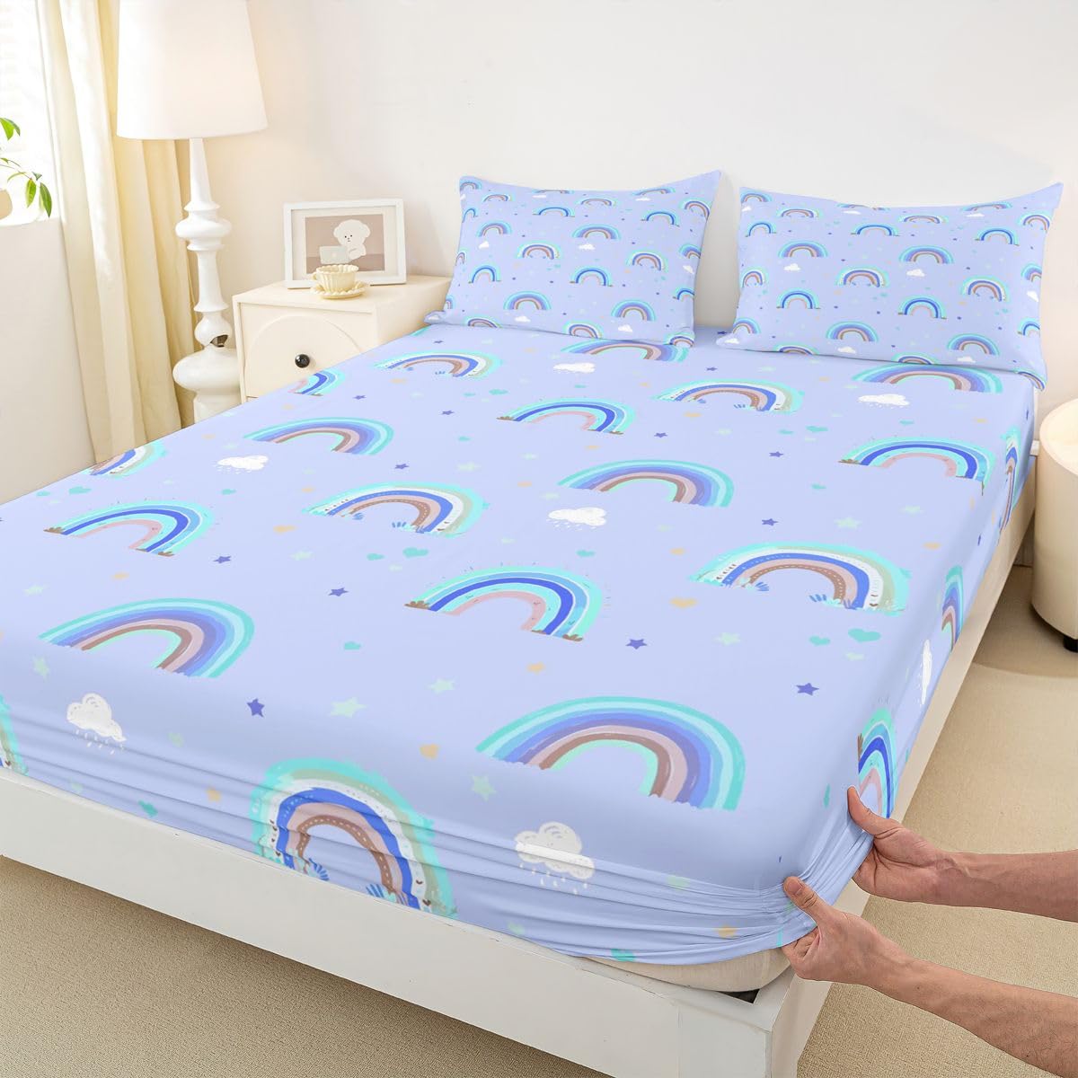 Castle Fairy Blue Rainbow Fitted Sheet Queen Size (No Flat),Cute Love Heart Bedding Sets 3Pcs,Girls Boys Adult Room Decor,Cartoon Cloud Bed Cover Coquette Deep Pocket Sheet,2 Pillowcases