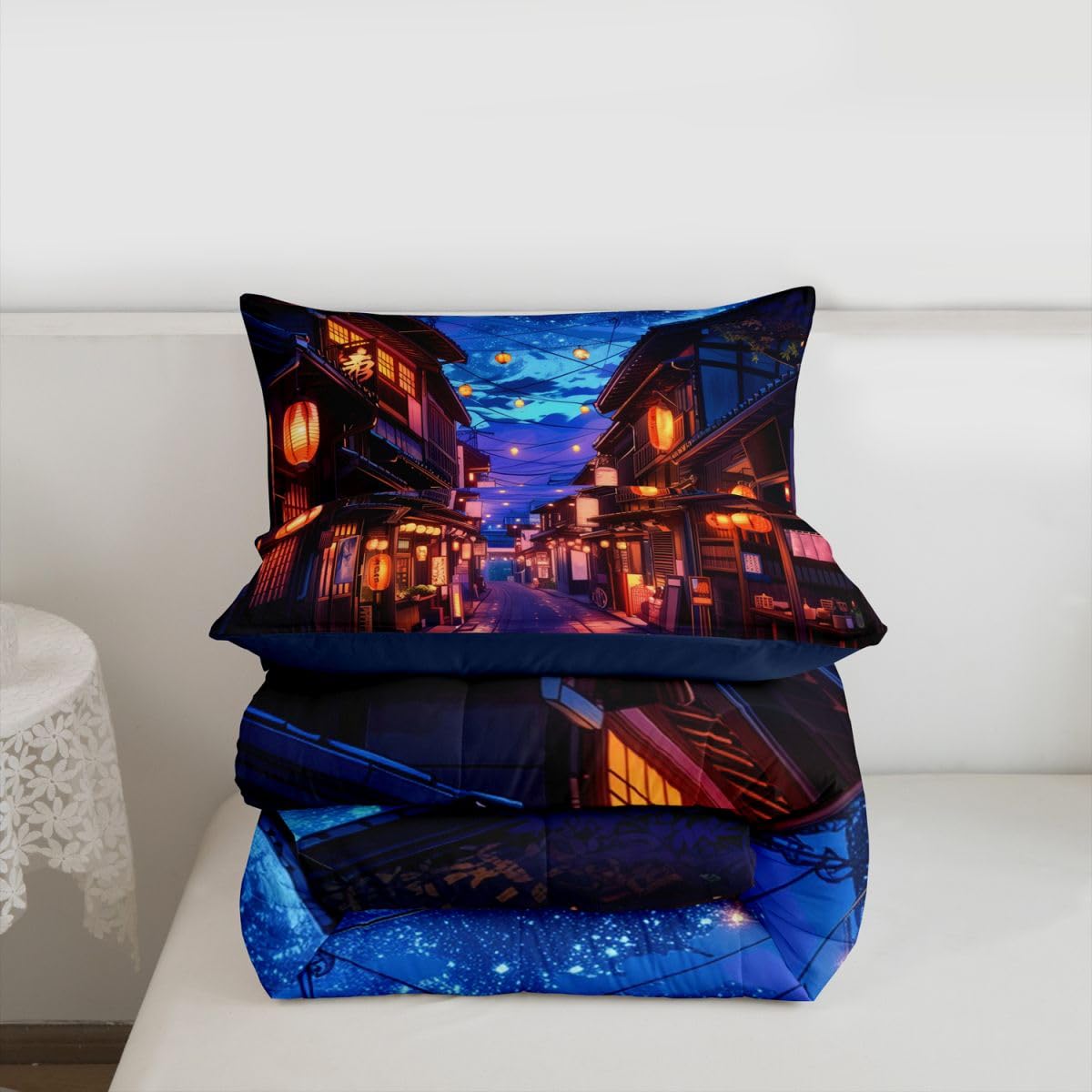 jejeloiu Japanese Kids Comforter Set Toddler Size Anime Street Bedding Set Tokyo Duvet Quilt for Kids Boys Girls Bedroom Decor Microfiber Ultra Soft Breathable