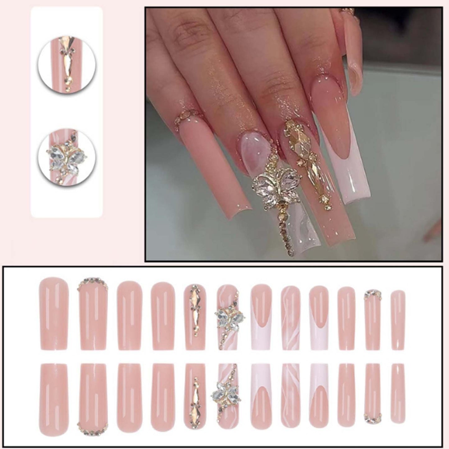 Gifiky Luxury 3D Butterfly Press on Nails Nude Fake Nails French Nails Tips Full Cover Long Square False Nails for Women and Girls 24Pcs