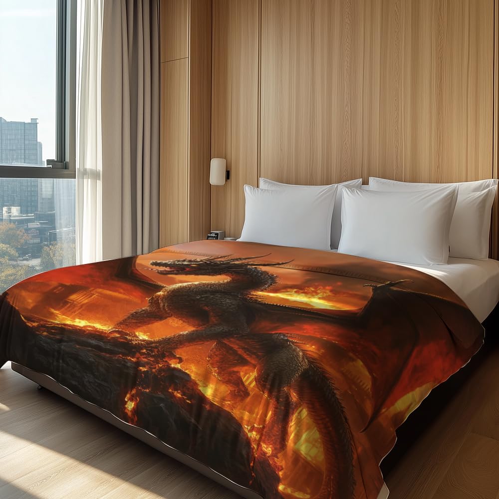 HUNXIAOJ Book Dragon Throw Blanket Dragon Gifts for Kids Animal Print Blanket Warm Soft Flannel for Kids Teens Adults Bed Sofa Couch (49in x 59in)